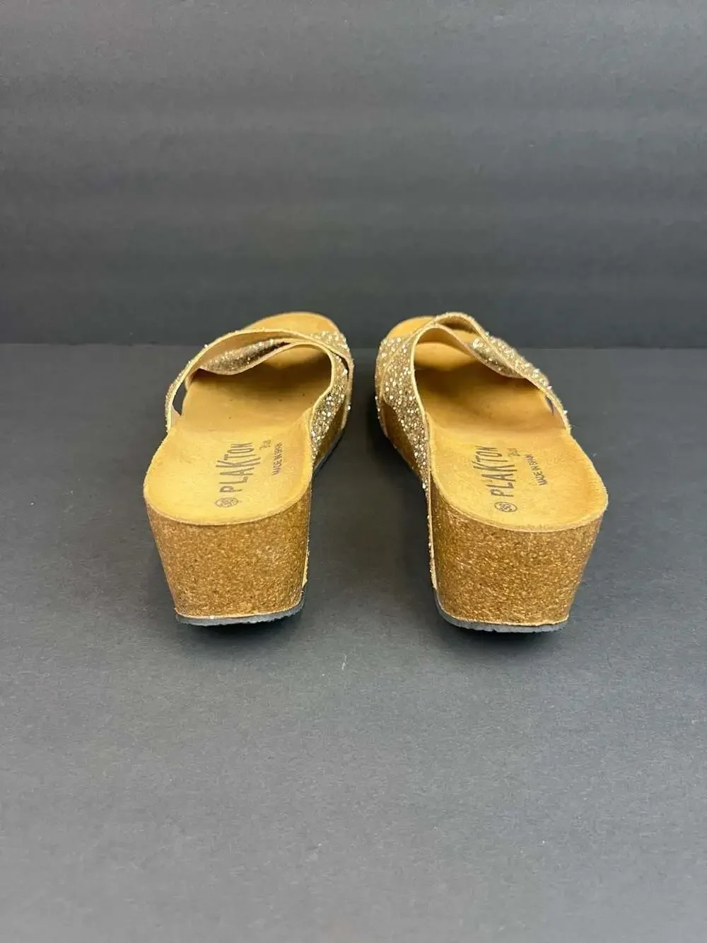 Plakton Bios Gold Glitter Cross-Strap Wedge Sandals US 7.5 Euro 38